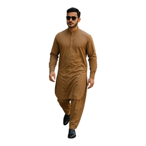 Ensemble Kurta Pyjama en Coton Marron pour Homme Coupe Classique Longueur Cheville Style Traditionnel Décontracté Inde Pakistan - Product Image 3