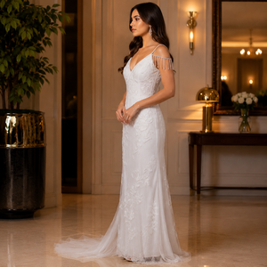 Luxury White Modern Draped Floral Embroidered Bridal A-Line Gown Elegant V Neck Wedding Dress Premium Lace Evening Reception - Product Image 4