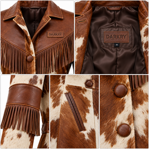 Manteau long en cuir de vachette brun et blanc avec franges et pompons, style western pour femme, fabrication sur mesure - Product Image 6