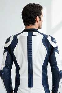 Traje de Motociclismo de Cuero para Hombre, Color Blanco y Azul Marino, con Bloques de Color, Manga Larga, de una Pieza - Product Image 2