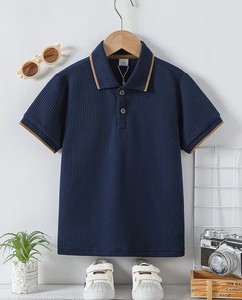 Boys Navy Waffle Knit Cotton Polo Shirt Short Sleeve Solid Color Breathable Casual Wear Quick Dry Eco-Friendly Embroidered Size - Product Image 1