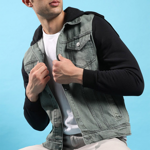 <b>Men's</b> Denim <b>Jacket</b> Hooded Casual Button Up Slim Fit Washed Jean Coat Autumn Outwear Black Sleeve Design - Product Image 5