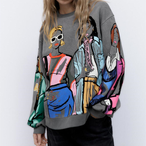 Sweat-shirt en coton molletonné à col rond pour femme, personnalisé avec broderie, style streetwear, logo sur le devant - Product Image 5