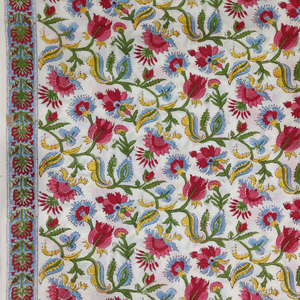 Tela de Algodón Estampada a Mano con Motivos Florales en Azul Índigo y Dorado Azafrán por Metro para Costura, Manualidades y Decoración del Hogar - Product Image 1