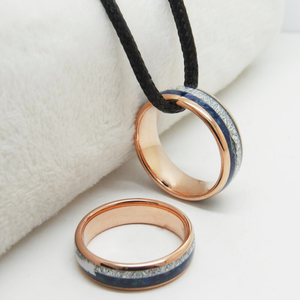 Anelli <span class=keywords><strong>di</strong></span> coppia in tungsteno oro rosa con lapislazzuli e texture meteorite, fedi nuziali abbinate da 6mm e 8mm, gioielli <span class=keywords><strong>di</strong></span> coppia all'ingrosso - Product Image 3