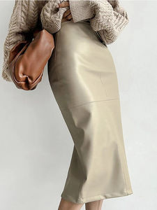 Jupe longue fendue en cuir PU haut de gamme, coupe ajustée, taille haute, nouvelle collection automne-hiver 2025, style féminin et original - Product Image 5