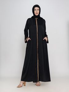 Robe longue en coton noire pour femme, style Abaya, coupe ample, manches longues, broderie florale, tenue modeste quotidienne, style Moyen-Orient - Product Image 4