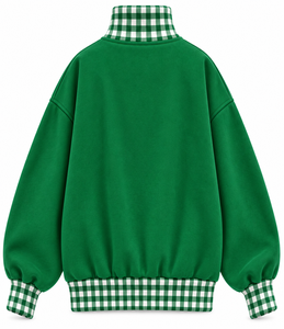 OEM Custom Women’s Autumn Mock Neck Pullover Gingham <b>Letter</b> Patch <b>Applique</b> Oversized Sweatshirt - Product Image 5