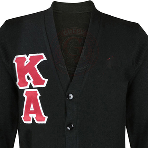 Cardigan KAP pour fraternité, en acrylique noir tricoté, pull pour homme avec lettres brodées rouges, col en V boutonné, tenue universitaire - Product Image 2