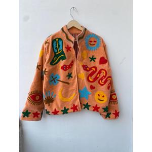 Veste bohème en velours corail brodée à la main avec motif serpent, col montant, manches longues, vêtements d'extérieur pour femmes, veste de printemps - Product Image 1