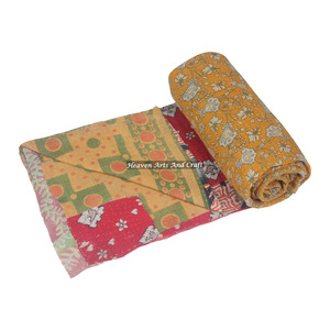 Indian Cotton Patch Work Throw Bedspread <b>Bedding</b> <b>Quilt</b> Hand Block Kantha Indian Reversible Hand Stitched Heavy Throw Old Sari - Product Image 1