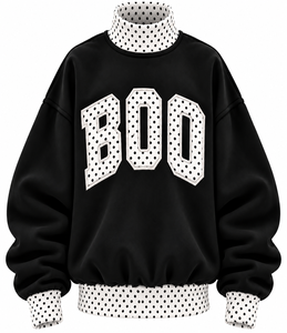 เสื้อสเวตเชิ้ตผู้หญิงคอเต่าทรงโอเวอร์ไซส์แบบขายส่ง ตกแต่งผ้าฟลีซลายตารางเย็บปะติดปะต่อ ปักลาย ตกแต่งไหล่ตก สไตล์ลำลอง - Product Image 1