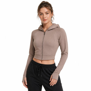 Custom <b>Womens</b> Cropped Zip-Up Hooded Breathable Streetwear Gym <b>Jacket</b> Thumbhole Yoga Activewear Private Label OEM Nylon - Product Image 2