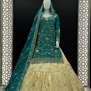 Designer Viscose <b>Silk</b> Farshi Gharara Suit Gold Zari Embroidered <b>Kurta</b> with Tiered Cream Bottom & Dupatta Elegant Wedding Par - Product Image 1