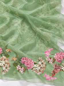 Tissu en organza transparent bleu nuit avec imprimé floral magenta et jaune - Product Image 5