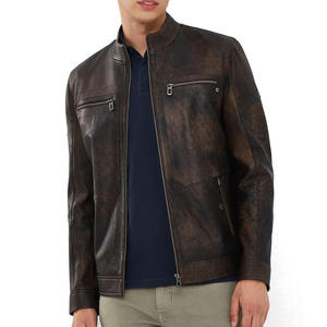 Veste matelassée d'hiver pour homme en cuir de vache rouge, avec fourrure de mouton, lavée, respirante, col montant, fermeture éclair, coupe ajustée - Product Image 2