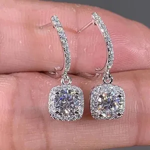 Moissanite Drop <b>Earrings</b> 925 Silver White <b>Gold</b> Plated Square Halo <b>Dangle</b> Luxury Women Jewelry - Product Image 2