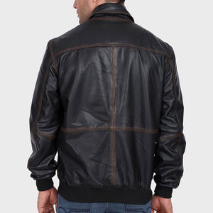 <b>Men</b> Vintage Style Genuine Leather <b>Jacket</b> Zipper Closure Casual Outdoor Regular Fit Soft Outerwear Stand Collar Front Logo - Product Image 4