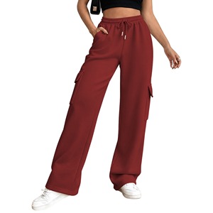Women's Mid Waist <b>Skinny</b> Fit Cargo Pants French Terry Heavyweight Printed Elastic Waist Winter Full Length Red Sweatpants - Product Image 6