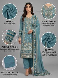 Ensemble indien pakistanais pour femmes, kurta en georgette brodée, sharara, tenue de fête et de mariage, longueur cheville, réversible - Product Image 2