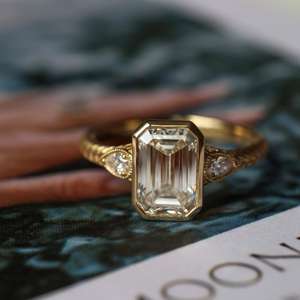 2.50 CT <b>Emerald</b> Cut Moissanite Engagement <b>Ring</b>, Bezel Set Wedding <b>Ring</b>, Art Deco Engraved Shank, 14K Gold Anniversary Gift - Product Image 1