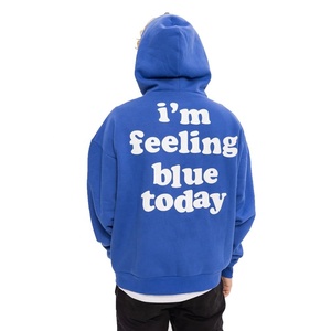 Sweat à capuche personnalisé 100 % coton OEM bleu roi avec impression en relief, lettres imprimées au dos, molleton épais, coupe oversize pour homme - Product Image 1