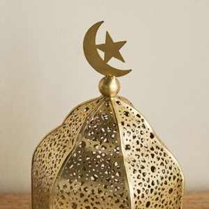 Exquisite <b>Gold</b> Metal Moroccan <b>Lantern</b> with Crescent Moon Top Intricate Cutwork Candle Holder for Ramadan Home Decor - Product Image 4