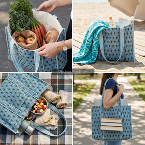 กระเป๋าผ้าฝ้ายพิมพ์ลายบล็อกด้วยมือ ทรงโท้ทขนาดใหญ่ สะพายไหล่ได้  กระเป๋าถือสำหรับผู้หญิง เป็นมิตรกับสิ่งแวดล้อม ใช้ได้ทั้งไปทะเลและใส่ของชำ - Product Image 5