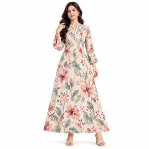 Vestido Maxi Floral para Mujer, Manga Larga, Cuello en V, Estampado, Elegante, Casual, Color Rosa, Estampado Botánico, Ropa al por Mayor para Damas - Product Image 1
