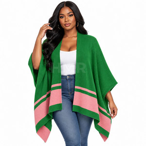 Suéter tipo poncho de punto acanalado con bloques de color verde y rosa de HMR Sorority Sisterhood, con mangas de murciélago, estilo casual, tipo capa larga. - Product Image 1