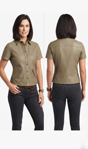 Veste chemise en cuir pour femme, manches courtes, boutonnée, qualité supérieure, logo personnalisé, poches à rabat boutonnées sur le devant - Product Image 4