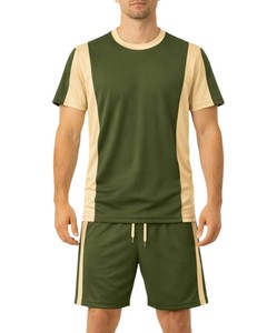 Conjunto de Camiseta y Pantalones Cortos para Hombre, Color Verde y Beige, Cuello Redondo, Secado Rápido, Ropa Casual de Verano 2026, Venta al Por Mayor - Product Image 1