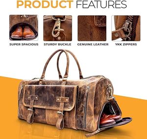 Bolsa de Viaje de Fin de Semana Unisex de Cuero Genuino, Gran Capacidad, Cierre de Cremallera, Asa Suave, Compartimento Separado para Zapatos - Product Image 4