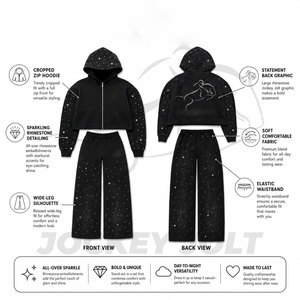 Custom unisex Black Rhinestone Cropped Zip Up Hoodie Wide Leg Tracksuit Set <b>Sparkle</b> Fleece <b>Jacket</b> Wide Leg Pants Outfit - Product Image 4