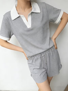 Summer Polo Collar Knee Button Pajama Set Breathable Loose-Fitting Casual Sporty Short Sleeve Shorts Two-Piece Women Solid Color - Product Image 4