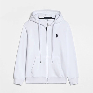 <b>Men's</b> Winter <b>White</b> Zipper-Up <b>Hoodie</b> 100% Cotton Knitted Breathable Embroidered Solid Pattern Loose Fit Casual Customizable - Product Image 1