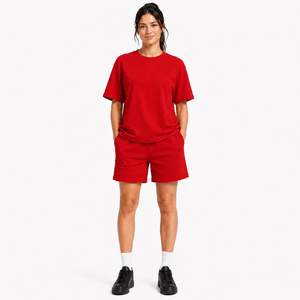 Custom Women Oversized T Shirt and Shorts <b>Set</b> Heavyweight Cotton Crew Neck Tee Elastic Waist Short <b>Set</b> Solid Color Tracksuit - Product Image 1