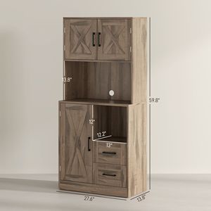 Mobile dispensa da cucina stile rustico da 71 pollici con anta a vetro, piano d'appoggio per forno a microonde, ripiani regolabili in resina, finitura grigia - Product Image 3