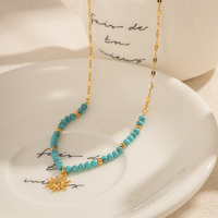 Collier chaîne populaire style bohème plaqué or 18 carats avec pendentif soleil ovale en turquoise et perles pour filles