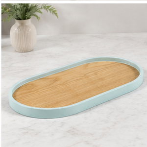 Minimalist Wooden <b>Storage</b> Tray Oval Shape Light Blue Rim Natural Wood Top Indoor <b>Tabletop</b> Kitchen Decor Multi Functional - Product Image 5