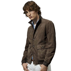 Men's Brown Suede Bomber <b>Jacket</b> Stand Collar Casual Autumn Regular Fit Button Closure Solid Color Woven Material - Product Image 3