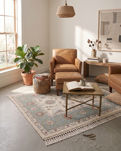 DECORDEC Modern Oushak Wool <b>Rug</b> <b>Ivory</b> Sage Blue Rust Floral Vine Carpet Geometric Meander Border Non-Slip Eco-Friendly Living - Product Image 4