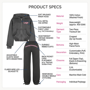 OEM Heavyweight Cotton Solid Women's Vintage Wash <b>Cropped</b> <b>Zip</b>-<b>Up</b> Hoodie & Flared Pants Streetwear Set Custom Logo Oversized - Product Image 4