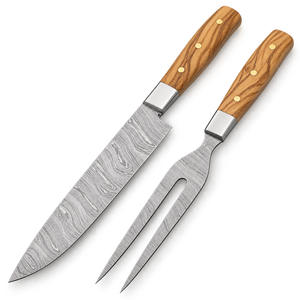 Juego de cuchillos de cocina de acero de Damasco con mango de madera, cuchillo recto de 2 piezas y tenedor para cocinar - Product Image 4