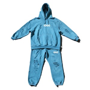 Survêtement unisexe bleu délavé à capuche, manches longues, 100 % coton, coupe décontractée, idéal pour l'hiver, avec logo sur le devant - Product Image 6