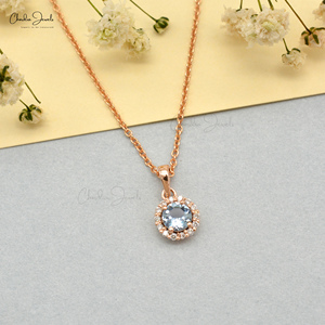 Chordia Jewels Natural 4mm Round Cut Aquamarine & Diamond Halo <b>Pendant</b> 14k <b>Solid</b> Rose <b>Gold</b> Wholesale Wedding <b>Pendant</b> Jewelry - Product Image 6