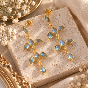 925 Sterling Silver 18 <b>Karat</b> Gold Plated Labradorite Chandelier Earrings Women's Classic Water Drop Dangle Engagement <b>Gift</b> - Product Image 3