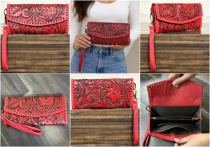 2026 Retro Boutique Collection Red full Tooled Cow Leather Clutch Wallet for Women Bohemian Floral Card Wallet <b>Wristlet</b> Purse - Product Image 3
