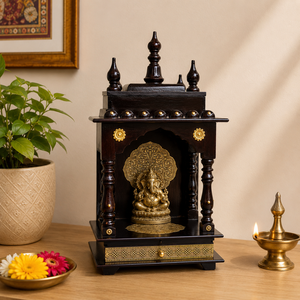 Mandir de prière en bois de luxe pour la maison avec tiroir incrusté de laiton |   Temple hindou artisanal |   Chapelle de prière traditionnelle et décoration intérieure - Product Image 1