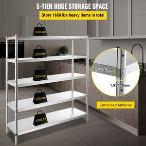 Scaffale a 5 Ripiani in Acciaio Inox 60x18,5 Pollici, Unità di Stoccaggio Regolabile per Cucina e Ufficio - Product Image 3